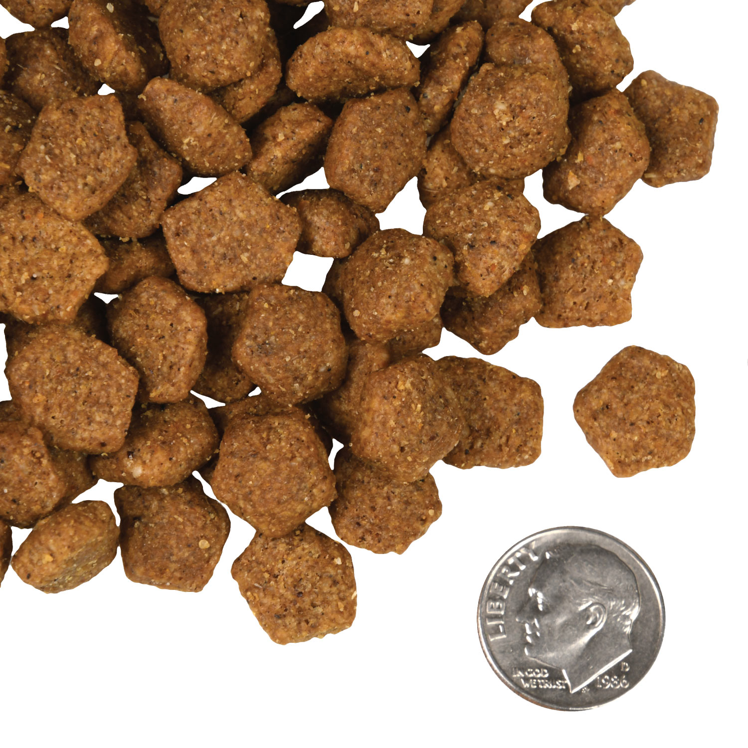A small pile of Four-Star Duck A La Veg kibble next to a dime for scale.