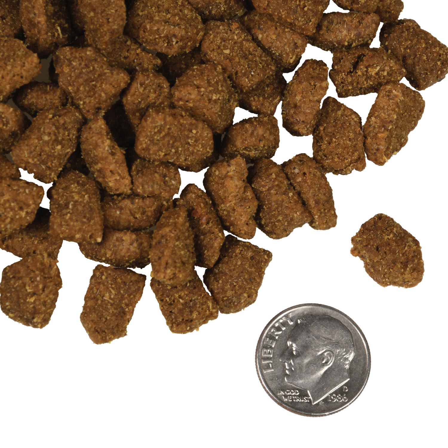 A small pile of Highlander Beef, Oats, 'n Barley kibble next to a dime for scale.