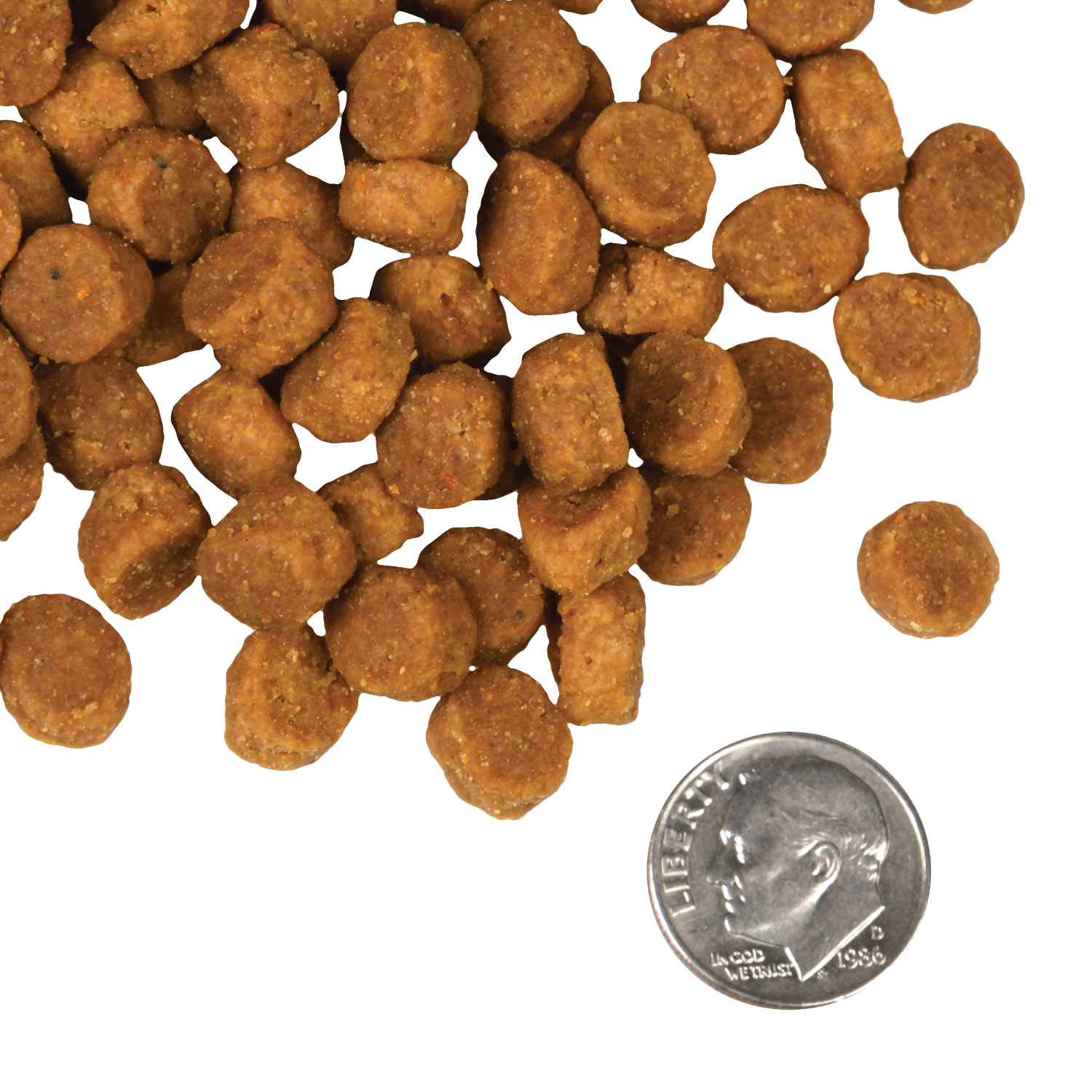 A small pile of Pork & Peas kibble next to a dime for scale.