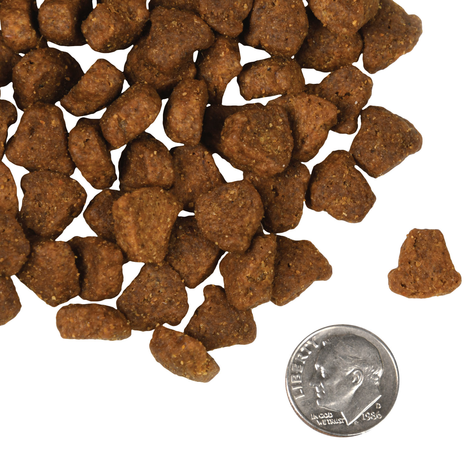 A small pile of Rancherosa kibble next to a dime for scale.