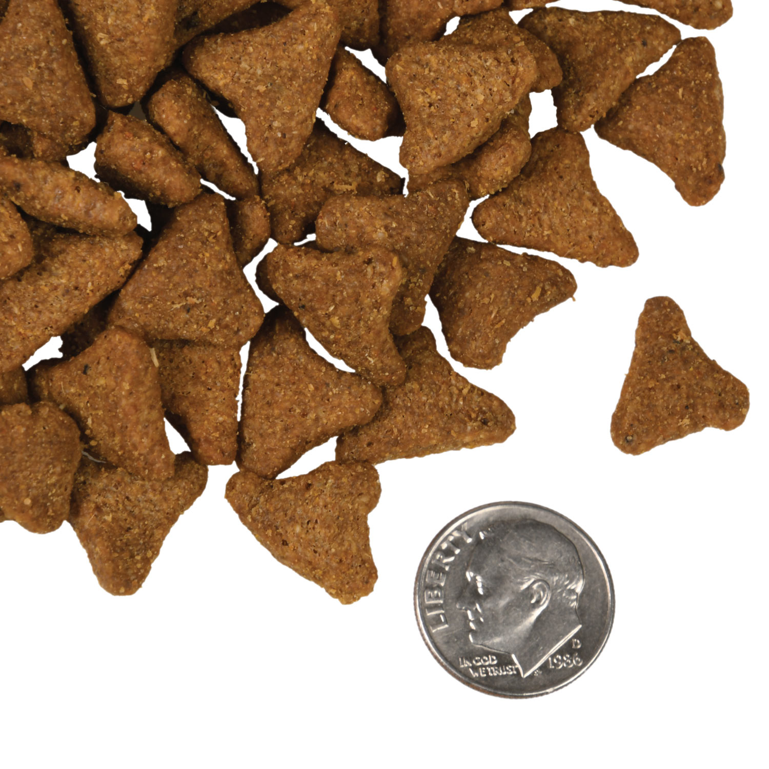 A small pile of Whitefish & Potato kibble next to a dime for scale.