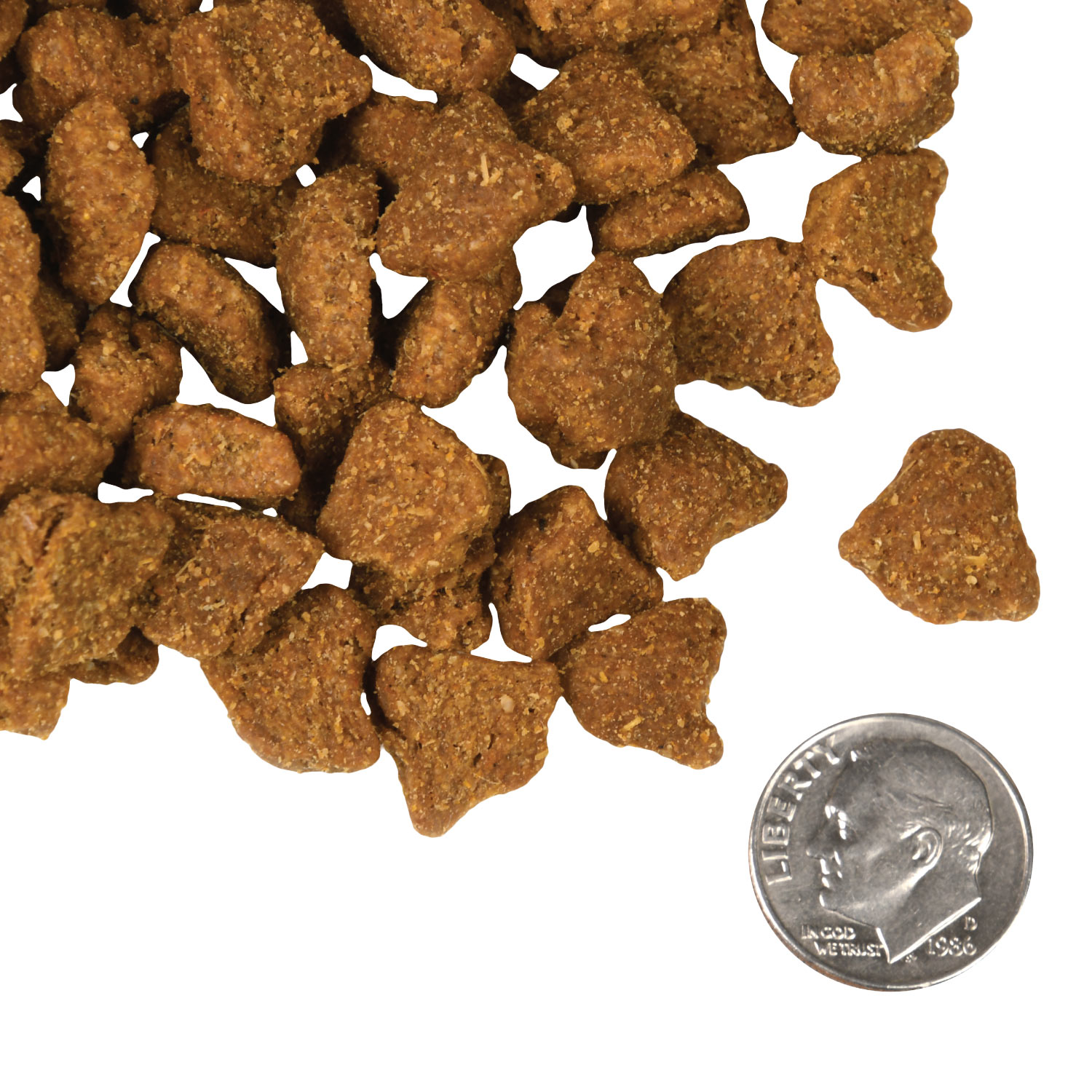 A small pile of Four-Star Zealambder kibble next to a dime for scale.