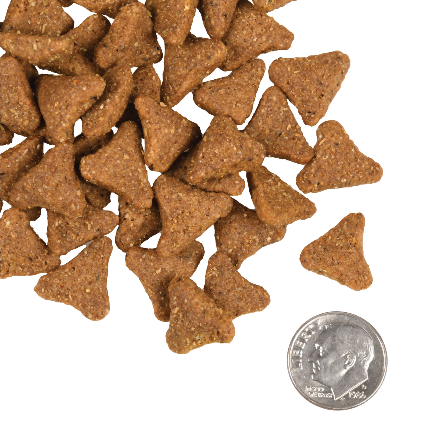 A small pile of Adult Gold with Ancient Grains kibble next to a dime for scale.
