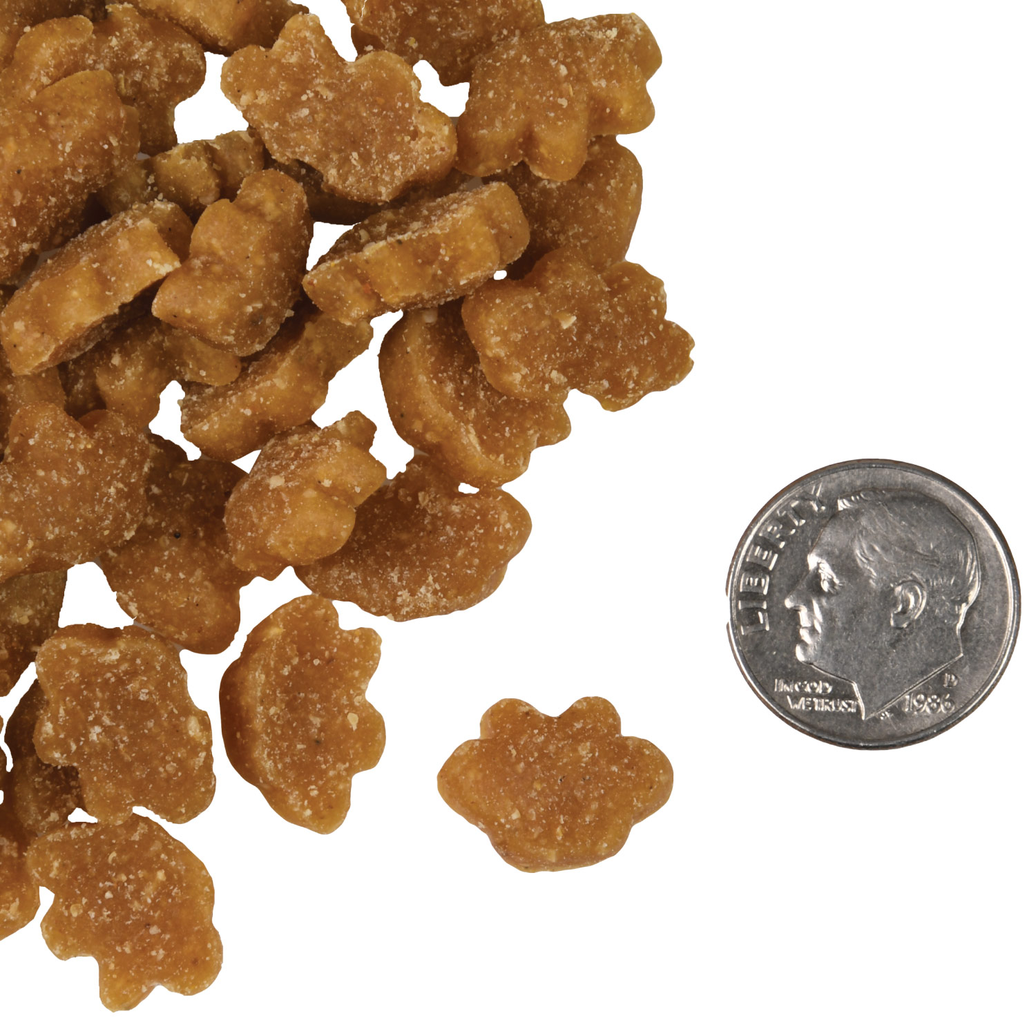 A small pile of PurrSnackitty Liver Flavor Snackitties treats next to a dime for scale.