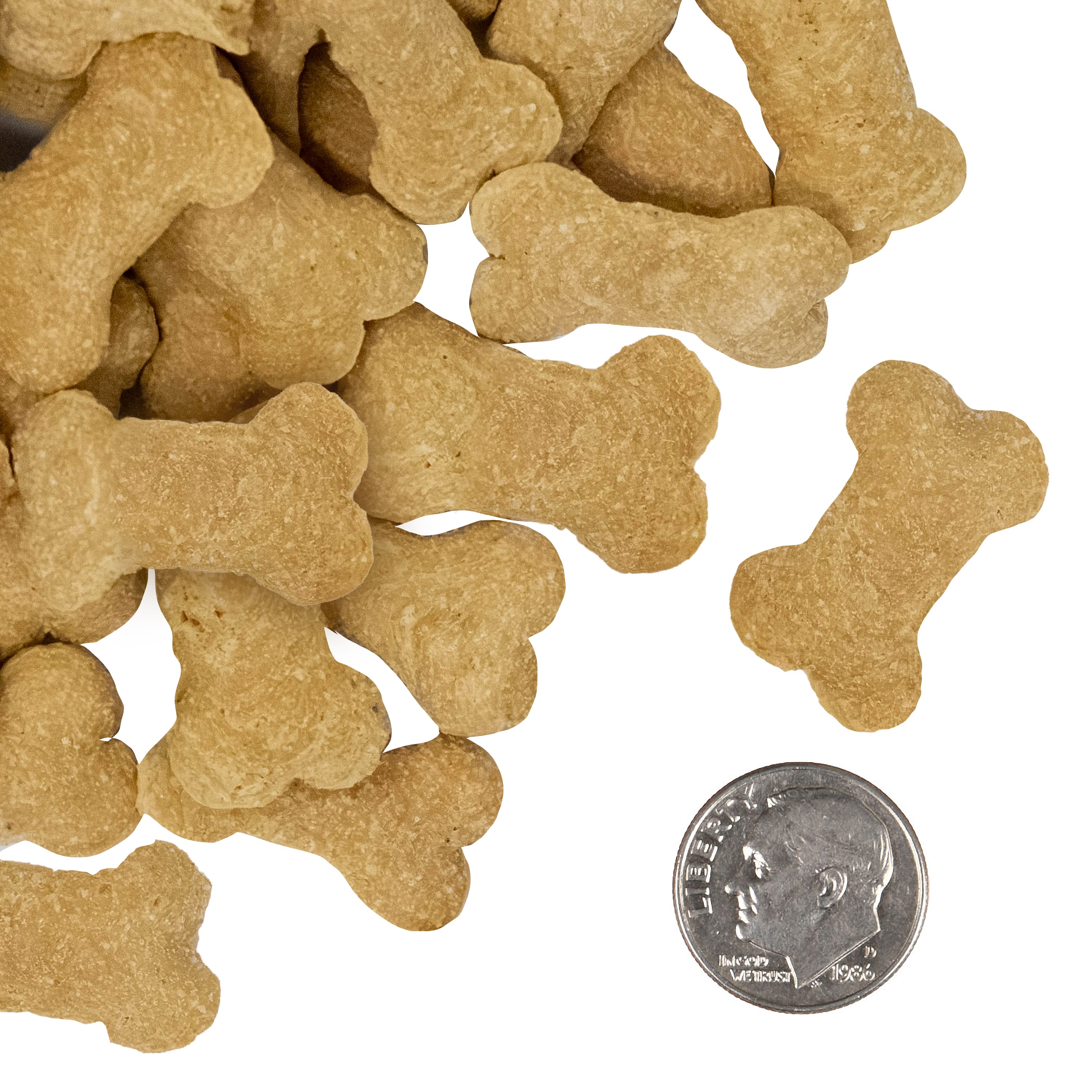 A side-by-side size comparison of Nutritionals Mobility Functional Dog Treats next to a U.S. dime