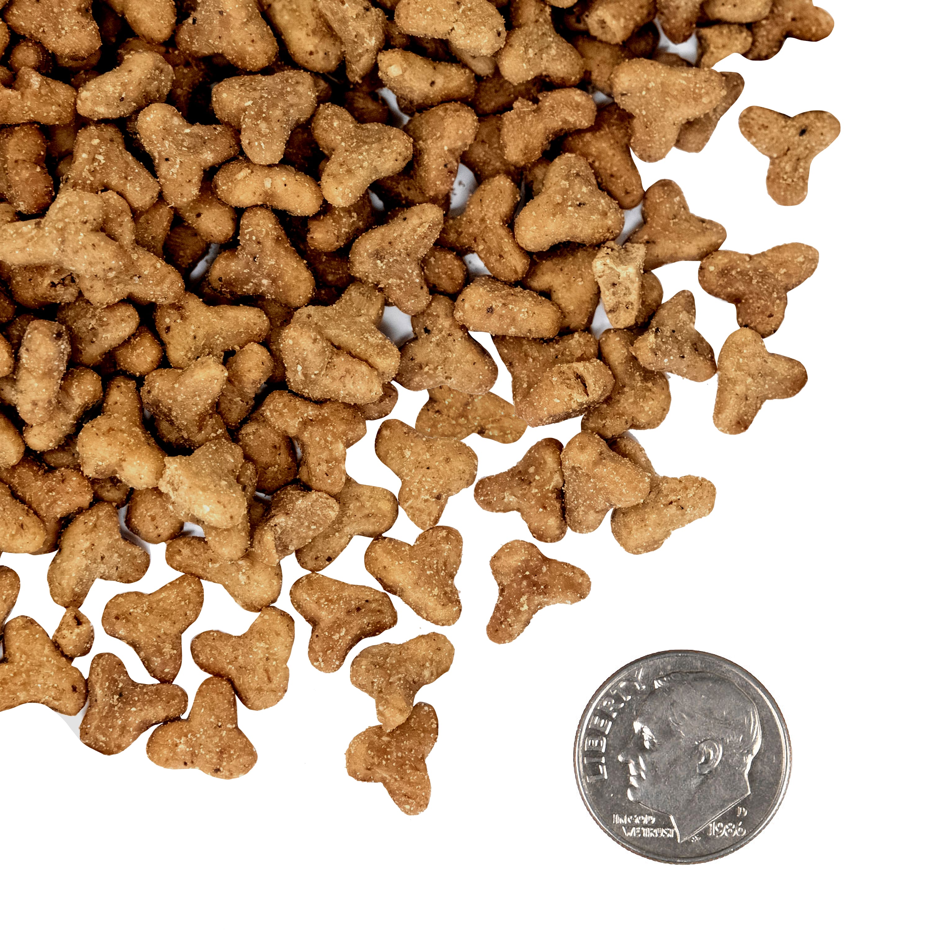 A side-by-side size comparison of PurrSnickitty Game Bird Grandeur dry cat food kibble next to a U.S. dime