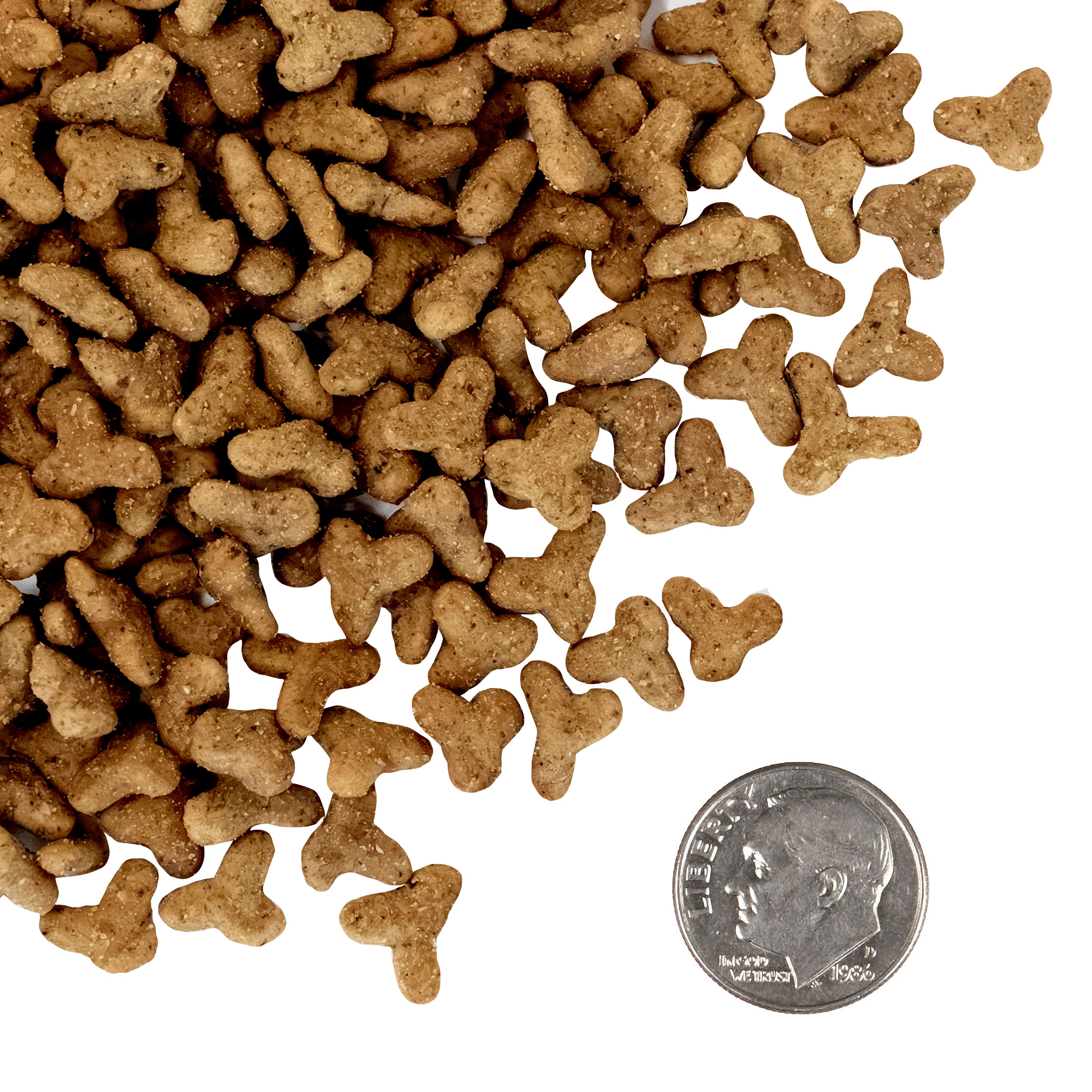 A side-by-side size comparison of PurrSnickitty Salmon Splendor dry cat food kibble next to a U.S. dime